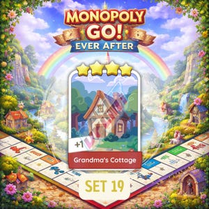 Puede incluir: Un tablero de juego Monopoly Go! Ever After con un tema de cuento de hadas. La imagen presenta una carta etiquetada como "Grandma's Cottage" con una ilustración de una casa, sobre un fondo de un arcoíris y un paisaje exuberante. El texto "SET 19" también es visible.