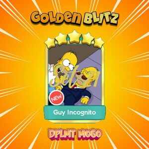 Puede incluir: Una tarjeta de intercambio digital con el texto GOLDEN BLITZ en la parte superior y DPLMT MOGO en la parte inferior. La tarjeta muestra una ilustración de Homer Simpson mirando a un personaje llamado Guy Incognito, con el texto Set 21 y una insignia roja NEW.