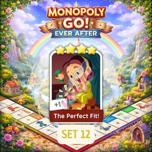 May include: A Monopoly Go! Ever After game card with a cartoon illustration of a woman spinning thread. The card has a gold star rating and the text "The Perfect Fit!" and "SET 12". The background features a rainbow and a fantasy landscape.
