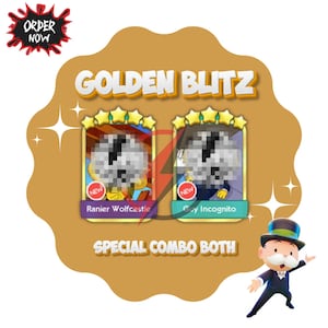 May include: A Golden Blitz promotional graphic featuring two five-star game cards labeled Ranier Wolfcastle and Guy Incognito. The design includes the text Order Now, Golden Blitz, and Special Combo Both, with a cartoon character in a top hat.