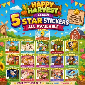 May include: A digital game graphic titled Happy Harvest Album featuring 5 star stickers. The image displays a grid of fifteen illustrated sticker cards with various farm-themed characters and scenes, including text labels like Parade Day and Tweety Bird.