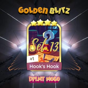 May include: An illustrated card from the "Golden Blitz" series, featuring a pirate theme. The card displays the text "Set 13" and "Hook's Hook", with a question mark and treasure map imagery. The card is framed by gold stars and a gold border.