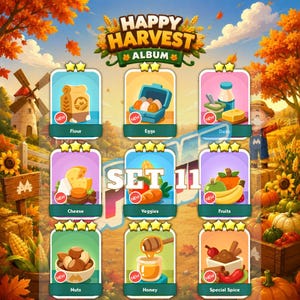 May include: A digital game interface titled Happy Harvest Album Set 11 featuring nine illustrated cards of food items including flour, eggs, dairy, cheese, vegetables, fruits, nuts, honey, and spices, each marked with a red new tag and star ratings.