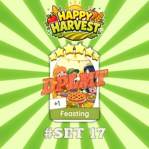 Może przedstawiać: Cyfrowa karta do gry zatytułowana Feasting z zestawu Happy Harvest 17, przedstawiająca kreskówkową ilustrację postaci przy stole z ciastem, kukurydzą i sałatką, zwieńczona pięcioma żółtymi gwiazdkami oraz czerwonym napisem DPLMT.