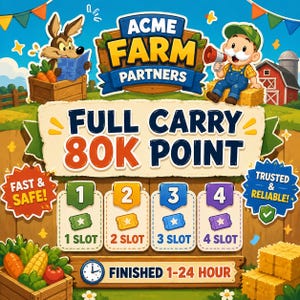 Może przedstawiać: Grafika cyfrowa dla Acme Farm Partners przedstawiająca kojota i rolnika z megafonem. Tekst zawiera napisy Full Carry 80K Point, Fast & Safe, Trusted & Reliable oraz Finished 1-24 Hour. Obraz pokazuje cztery ponumerowane miejsca.
