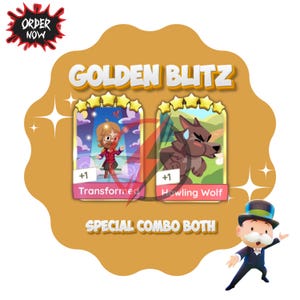 以下が含まれることがあります： 「Golden Blitz」の広告。2枚のキャラクターカード「Transformed」と「Howling Wolf」が描かれています。カードは金と茶色の背景に配置され、「Special Combo Both」と「Order Now」の文字があります。