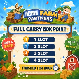 Peut inclure: Un graphique numérique pour Acme Farm Partners avec un coyote et un fermier en dessin animé, incluant le texte Full Carry 80k Point, 1-4 Slot, Fast & Safe, Trusted & Reliable, et Finished 1-24 Hour, sur un fond de ferme avec une grange rouge.