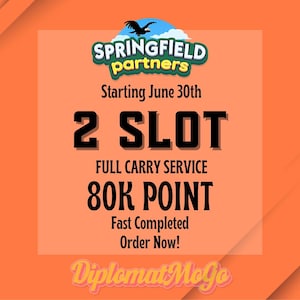 以下が含まれることがあります： オレンジ色の背景に、Springfield Partners、Starting June 30th、2 SLOT、FULL CARRY SERVICE、80K POINT、Fast Completed、Order Now!、DiplomatMoGoというテキストが書かれた正方形のグラフィック。メインタイトルの上に黒い鳥のアイコンがある。