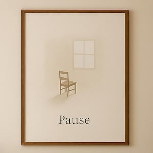 Arte de pared minimalista imprimible "Pausa", póster de silla minimalista, decoración zen de atención plena, descarga digital Japandi, habitación serena imprimible