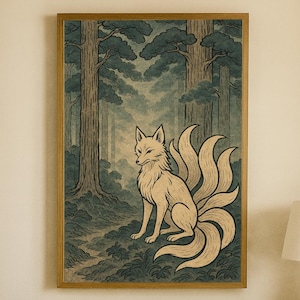 Kitsune Forest Spirit Poster – Japanese Fox Wall Art, Nine Tailed Mythical Animal Print, Ukiyo-e Style Digital Download