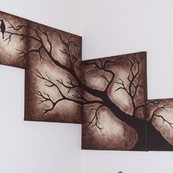 Large CUSTOM Painting of Bird and Tree -- Hang in Corner or Flat -- Choose Your Colors -- Total Length 5'4 -- Ode to Poe -- DEPOSIT HOLDS AVAILABLE