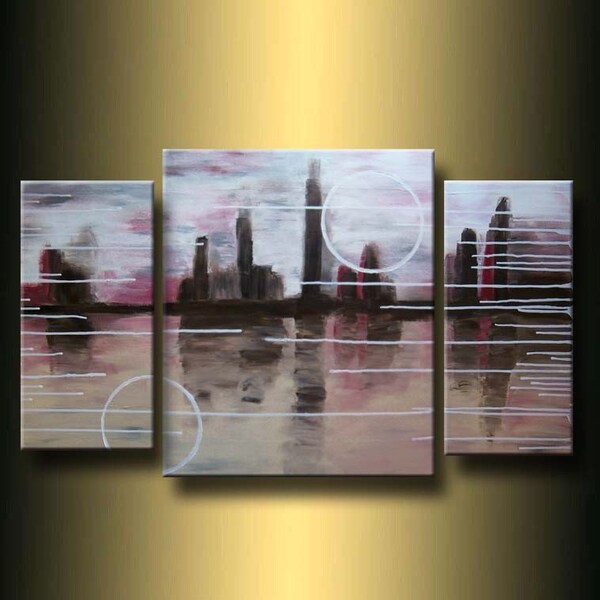SALE -- Was 225 -- Abstract Cityscape -- 40 x 24 Tryptic -- And the Fog Rolled In -- Available Now