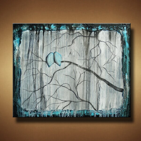 Gothic Blue Birds on Branch Original Painting - 24 x 30 -  Large and Heavily Textured - Looking Through the Mist by Britt Hallowell