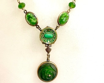 Green  Assemblage Vintage Glass Necklace OOAK