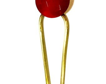 Vintage Faceted Red Glass on Brass French Hair Pin