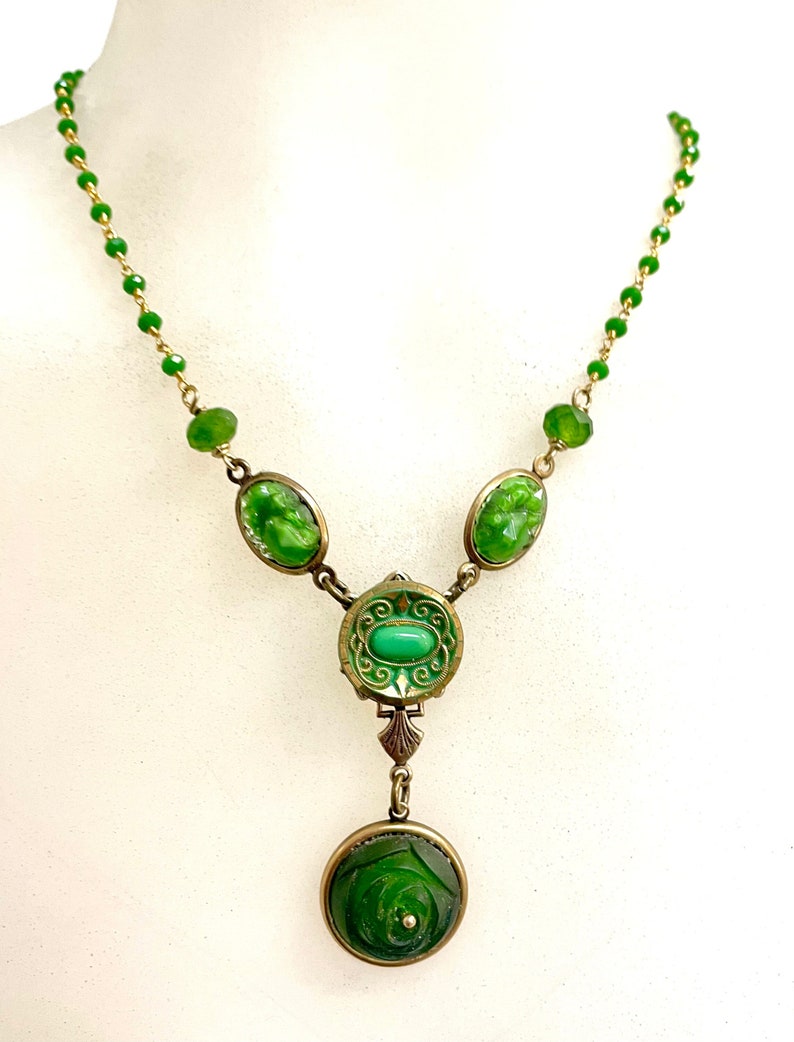 Green Assemblage Vintage Glass Necklace OOAK image 1