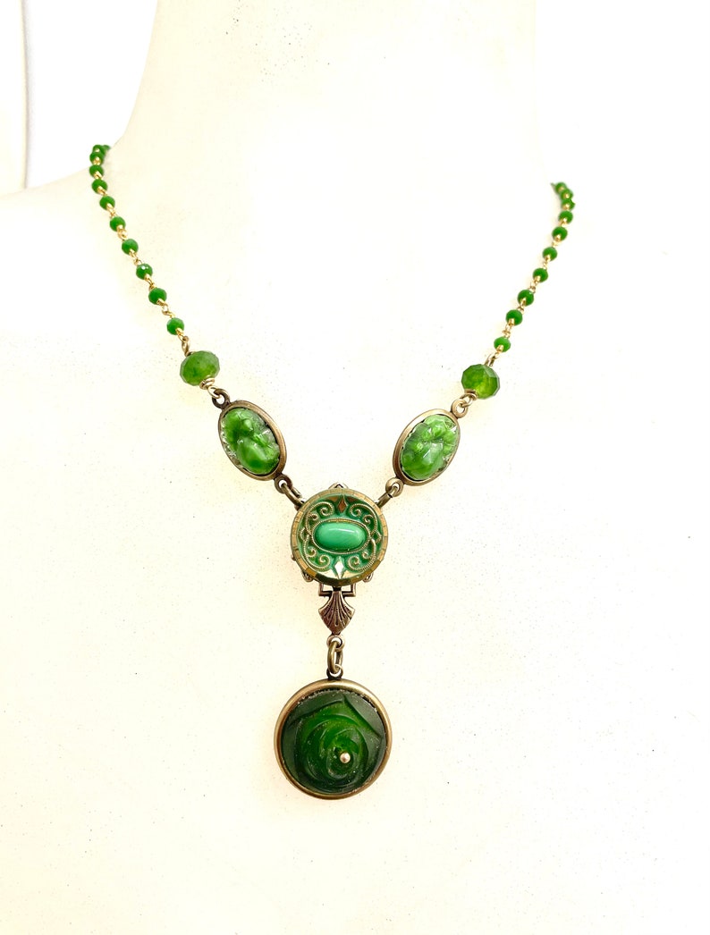 Green Assemblage Vintage Glass Necklace OOAK image 2