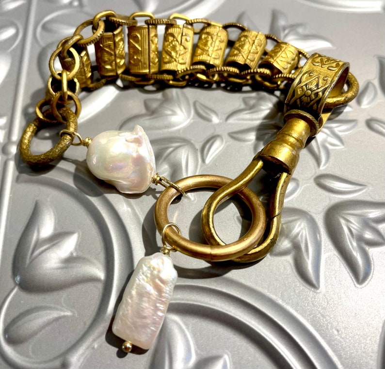 Antique Mason Sword Chain & Baroque Freshwater Pearl Bracelet image 1