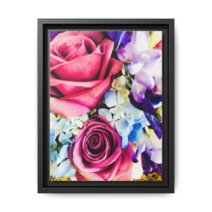 Floral Wall Art Print, Vibrant Framed Canvas Decor, Pink Roses and Blue Flowers, Home Decoration, Wedding Gift, Mother&#39;s Day