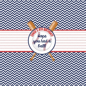May include: A blue and white chevron pattern background with two crossed wooden baseball bats. A white circle with a red baseball and the text "Chase's 8th Birthday! Hope you had a ball!"