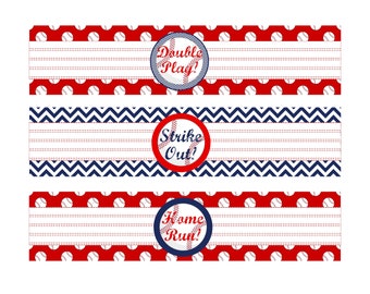 Baseball birthday party, water bottle labels, water bottle wrappers, PRINTABLE, instant download, baseball party, strike out, home run