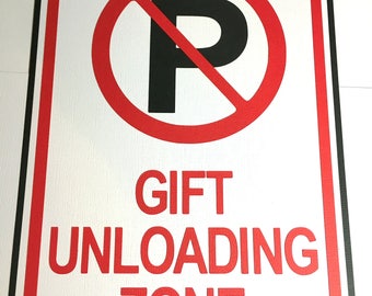Gift Unloading Zone, No parking party sign, race car birthday party, die cut party sign, race car party, construction sign