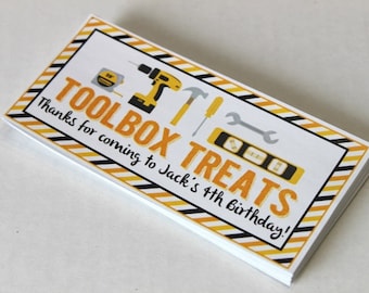 Construction party tool box favor box STICKERS ONLY - birthday party, dump truck birthday, baby shower, dig in birthday party