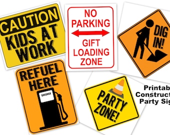 Sinal de cartaz de festa de construção IMPRIMÍVEL - cavar, zona de festa, reabastecer aqui, zona de carregamento de presentes, crianças no trabalho, festa de aniversário, chá de bebê