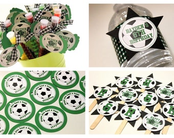 Sports Birthday Party Set for 20 - favors, cupcake toppers, water bottle labels, tags - baseball, football, soccer, basketball