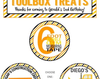 Construction birthday party labels, DIGITAL DOWNLOAD PACK - favor box label, measuring tape label, hard hat label - birthday baby shower