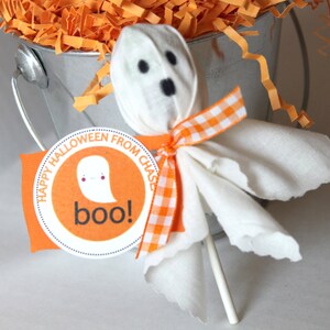 Pode incluir: Uma pirulito de fantasma branco com uma fita xadrez vermelha e branca, sentada em um balde prateado cheio de papel picado laranja. A pirulito tem uma cabe&ccedil;a de fantasma de papel branco com olhos pretos e uma boca preta. Um adesivo redondo laranja com o texto "Happy Halloween from Chase boo!" est&aacute; colado no balde.