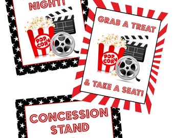 Movie night poster set PRINTABLE - 3 signs Welcome to movie night, birthday party, concession sign, drive in movie party, drive in theater