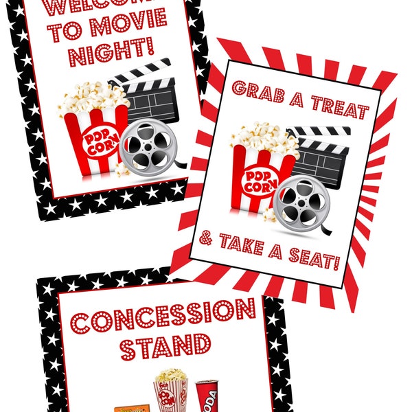 Movie night poster set PRINTABLE - 3 signs Welcome to movie night, birthday party, concession sign, drive in movie party, drive in theater