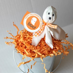 Pode incluir: Uma pirulito de fantasma branco com uma fita xadrez branca e laranja, sentada em um pequeno balde de metal cheio de papel picado laranja. A pirulito tem uma etiqueta anexada que diz "Feliz Halloween do Chase! Boo!"