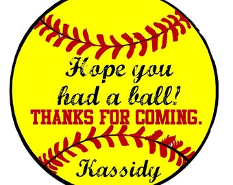 May include: Yellow softball with red stitching and the text "Hope you had a ball! THANKS FOR COMING. Kassidy" in black.