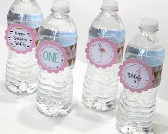 Pink and gold water bottle label, first birthday party water bottle wrapper, pink and gold birthday, flamingo party, water bottle wrapper