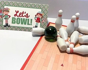 Elf bowling, bowling ball, bowling pins, let's bowl, elf prop, Stage your elf, elf kit, elf accessories, christmas elf
