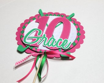 Golf party cake topper - golf birthday cake topper, golf party, golf club, golf ball, golf centerpiece. pink and green, purple and green