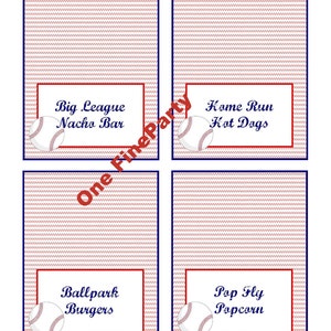 May include: Four printable food labels with baseball graphics. The labels read "Big League Nacho Bar", "Home Run Hot Dogs", "Ballpark Burgers", and "Pop Fly Popcorn".