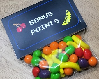 Gaming Party Favors, DIY bonus points party favor, TREAT TOPPERS only, video game party, arcade birthday, runts boy birthday gamer favor