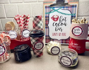 Hot Cocoa Bar kit, Coffee Bar kit, Holiday Coffee Bar kit, Hot Chocolate Bar kit, plaid cups, plaid tags, signs, party coordinates, labels,
