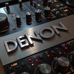 Könnte beinhalten: Nahaufnahme eines Denon DJ-Mischpults. Das silberne Metalllogo ist prominent auf einer gebürsteten Metalloberfläche zu sehen. Das Mischpult verfügt über schwarze Bedienfelder mit Knöpfen und beleuchteten Lichtern, was auf professionelles Audioequipment hindeutet.