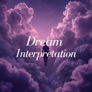 Puede incluir: Una ilustración digital con el texto Dream Interpretation en fuente serif blanca, centrado sobre la silueta de una persona flotando entre nubes voluminosas de color púrpura intenso contra un cielo nocturno estrellado con una luz suave.
