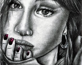 May include: A detailed pencil drawing of a person's face, focusing on the eyes, nose, and mouth. The person's hand, with dark red nail polish, is touching their lips. The drawing is in shades of gray and black.