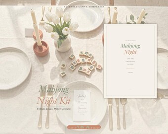 Kit minimalista para una noche de Mahjong, plantillas editables de Canva, decoración neutra para fiestas (descarga digital)