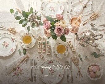 Kit para una noche de Mahjong en un jardín floral, invitación editable en Canva, tarjeta de puntuación y cartel de bienvenida (PDF).