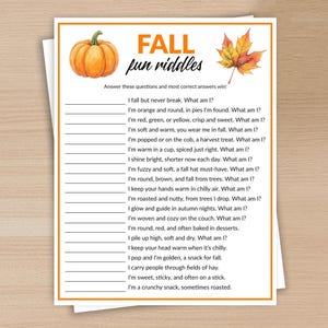 May include: A printable fall-themed game sheet with the title "FALL fun riddles" in orange and black. The sheet features a watercolor pumpkin and fall leaf illustrations. The riddles are printed in black text on a white background.