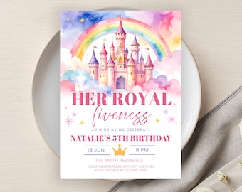 Her Royal Fiveness Birthday Invitation, Princess Birthday Party Printable, Editable 5th Birthday Party Invite, Castle, Digital Download