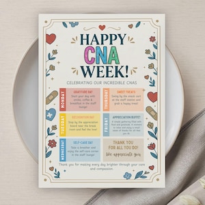 Puede incluir: Un folleto rectangular de Happy CNA Week con fondo crema, borde floral y texto colorido. Presenta un horario semanal de lunes a viernes con temas diarios como Gratitude Day y Sweet Treats, decorado con corazones y dibujos de tiritas.