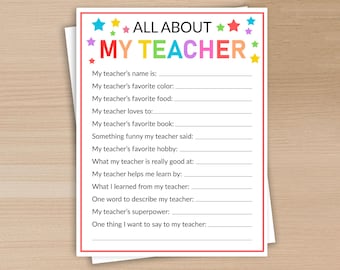 All About My Teacher Printable, Back to School, Teacher Appreciation Gift, End of Year Classroom Activity, My Teacher Instant Download
